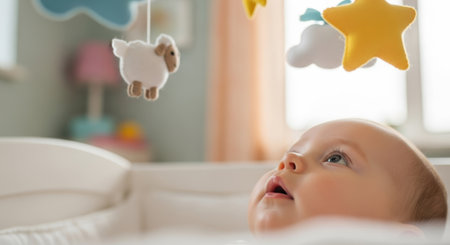 Cute baby boy playing with colorful toys on the bed at homeの素材