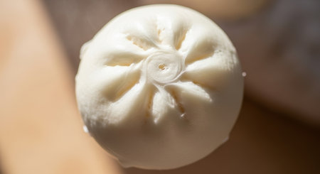Close up of a mozzarella cheese on a wooden cutting boardの素材