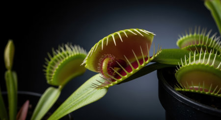 Close-up Venus flytrap showing open jawlike trap with red interior and trigger hairsの素材