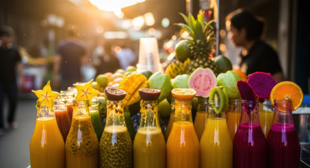 Fruit juices and smoothies in glass bottles on the street marketの素材