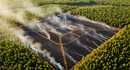 Aerial view of a forest fire in the middle of the fieldの素材