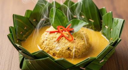 steamed fish with curry paste in banana leafの素材