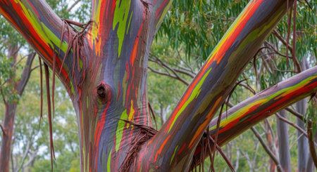 "Colorful rainbow eucalyptus tree trunk with vibrant multicolored bark in tropical forestの素材