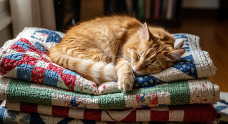 Cute ginger cat sleeping on a stack of plaids.の素材