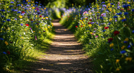Beautiful meadow with colorful flowers in summer sunny day, selective focusの素材