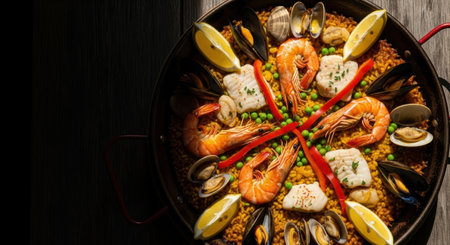Seafood paella in a pan on a wooden table.の素材