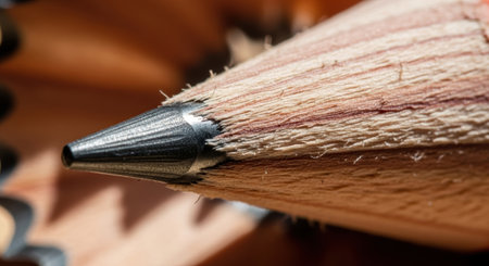 Pencil sharpened on a wooden background close-up macro photographyの素材