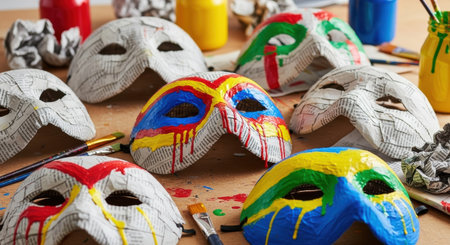 Close up of a group of carnival masks on a wooden tableの素材
