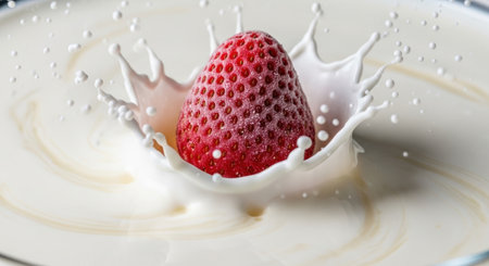 Strawberry falling into milk with splashes and drops of milkの素材