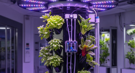 Indoor vertical hydroponic farm with leafy greens growing under purple LED lights in modern facilityの素材