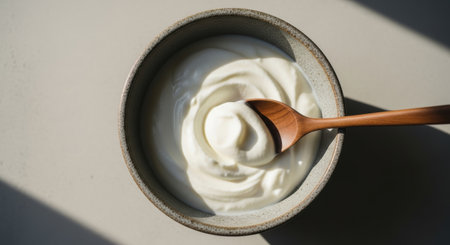 Greek yogurt in a bowl with wooden spoon on a white background.の素材