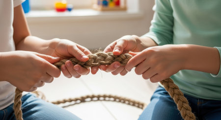cropped shot of boy and girl playing tug of war at homeの素材