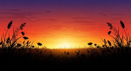 illustration of grass field at sunset with sunbeams and flowersの素材