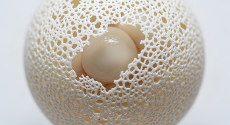 White ball with pearls on a white background close-up.の素材
