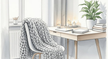 Illustration of a home interior with a chair and a table.の素材