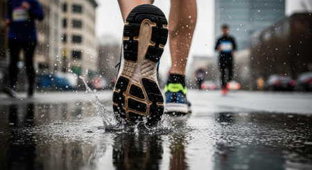 Close up of running shoes on a wet street during a rain.の素材