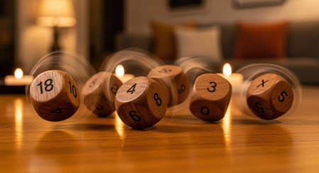 Close up of wooden dice on the table in the living room.の素材