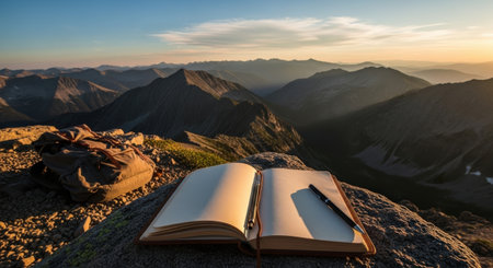 Open notebook with pen and backpack on top of the mountain at sunsetの素材