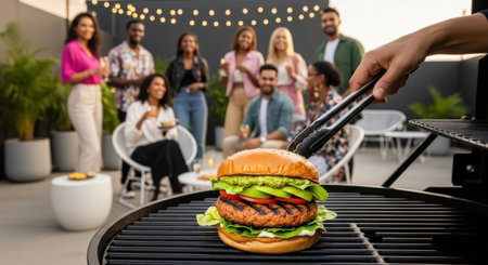 cropped shot of woman holding tongs with tasty burger on grillの素材