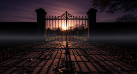 Ornate wrought iron gate silhouetted by sunburst with stone pillars and dramatic shadowsの素材