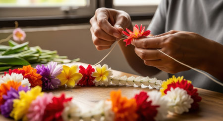 Close up of woman making flower garland at home, focus on handsの素材