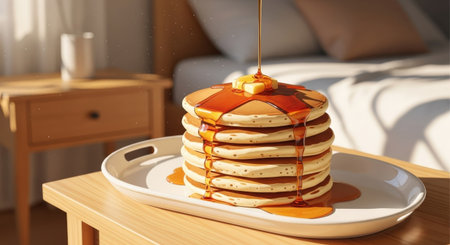 Pancakes with maple syrup on a white plate.の素材