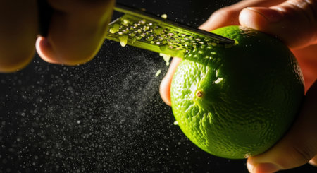 Man's hand squeezes lime with a grater on a black backgroundの素材