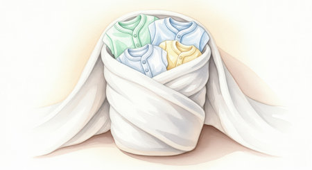 Illustration of a baby clothes folded in a white silk robe.の素材
