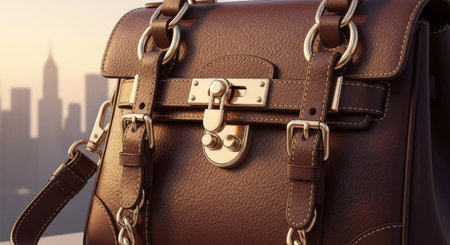 Close up of brown leather handbag with chain on city background.の素材