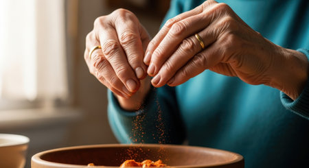 Close up of senior woman's hands cooking pasta in the kitchen.の素材