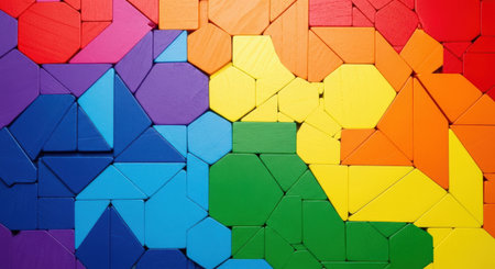 Colorful wooden hexagon shapes as background, close-up.の素材