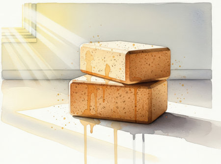 Piece of bread on a white background with a spot of lightの素材