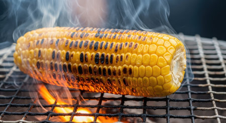 Close up of grilled corn on the grill with flames in the backgroundの素材