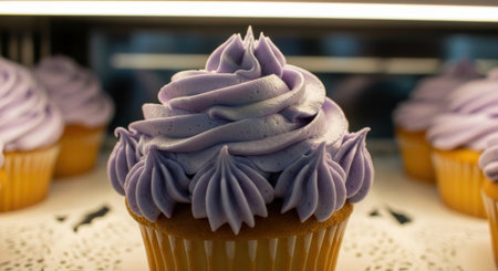 Cupcakes decorated with purple buttercream frosting, close upの素材