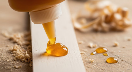 Honey dripping from a pipette into a bottle on a wooden tableの素材