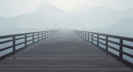 Wooden bridge in a foggy morningの素材