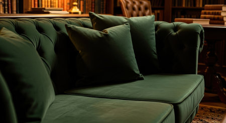 Green leather sofa with pillows in a luxury living room at nightの素材