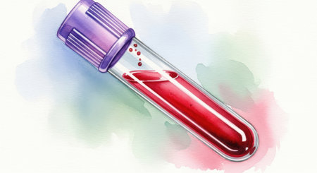 Blood sample in a test tube on watercolor background. Medical illustrationの素材