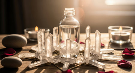 Crystal Circle with Bottled Water, Rose Petals, and Candlelightの素材