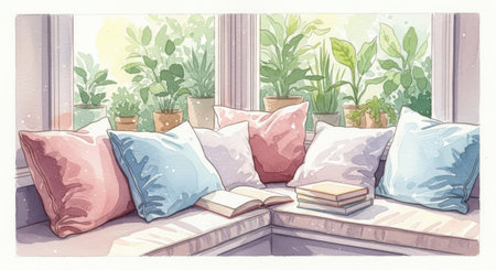 Illustration of a cozy living room with pillows and a bookの素材