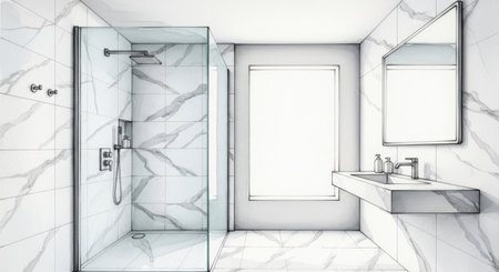 A modern bathroom with white marble walls, a tiled floor and a shower.の素材