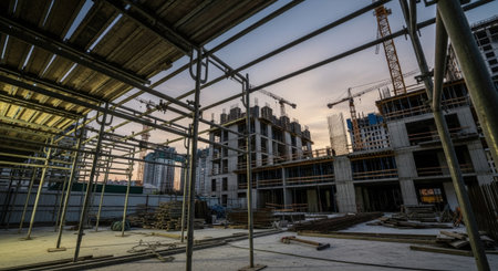 construction site with cranes and building under construction with blue skyの素材
