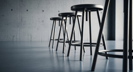Row of metal chairs in a dark room.の素材