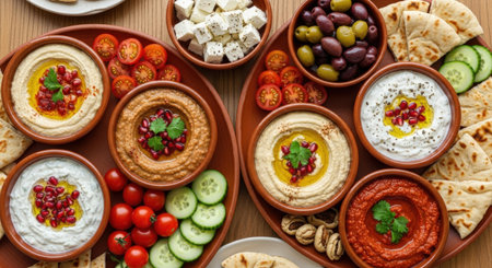 top view of bowls with hummus, olives, tomatoes and pita breadの素材