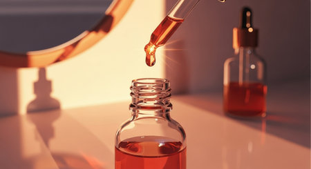 Pipette dropping serum into a glass bottle.の素材