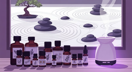 Spa and aromatherapy vector illustration in flat cartoon style. Set of bottles with essential oil, aroma diffuser, pebbles, stones on a wooden table.の素材