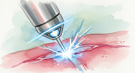Watercolor illustration of a welding torch on a blue and pink backgroundの素材
