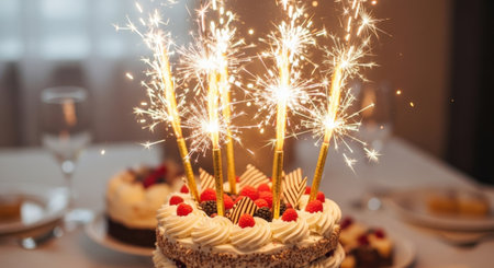 Birthday cake with burning sparklers on blurred background, closeupの素材