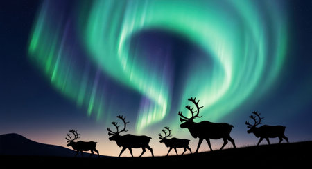 Reindeer silhouettes crossing tundra beneath vibrant Northern Lightsの素材