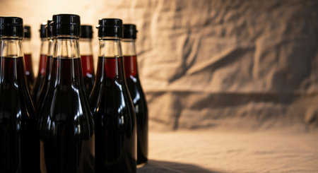 Close-up of a row of bottles of red and black colaの素材